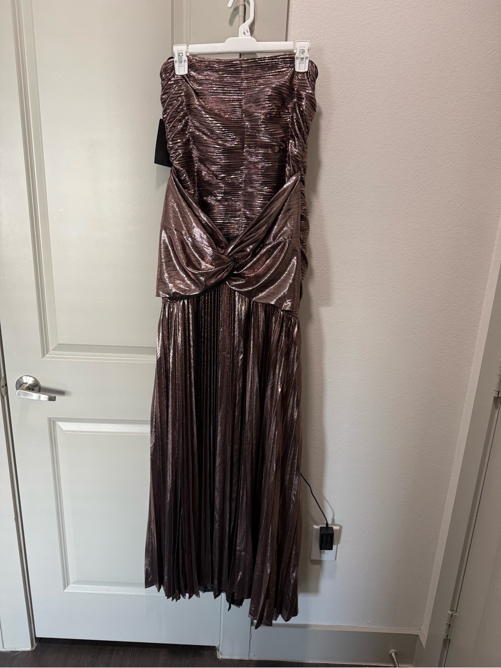 Metallic Mauve Strapless Pleated Evening Dress